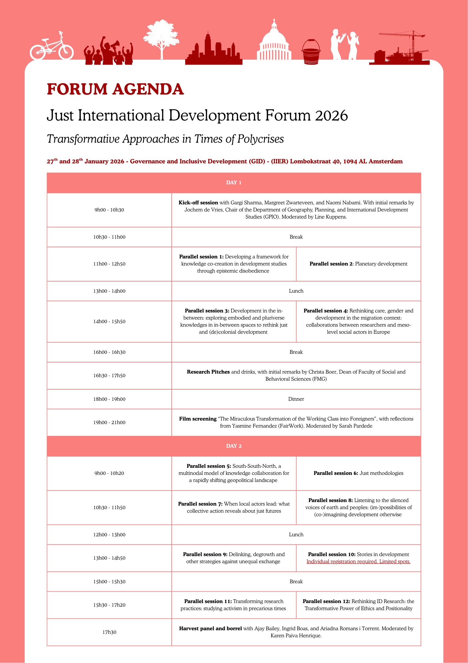 Agenda for the Just International Development Forum 2026, focusing on transformative approaches to polycrises, held on January 27th and 28th in Amsterdam, featuring sessions on development frameworks, collaboration, and critical research themes.